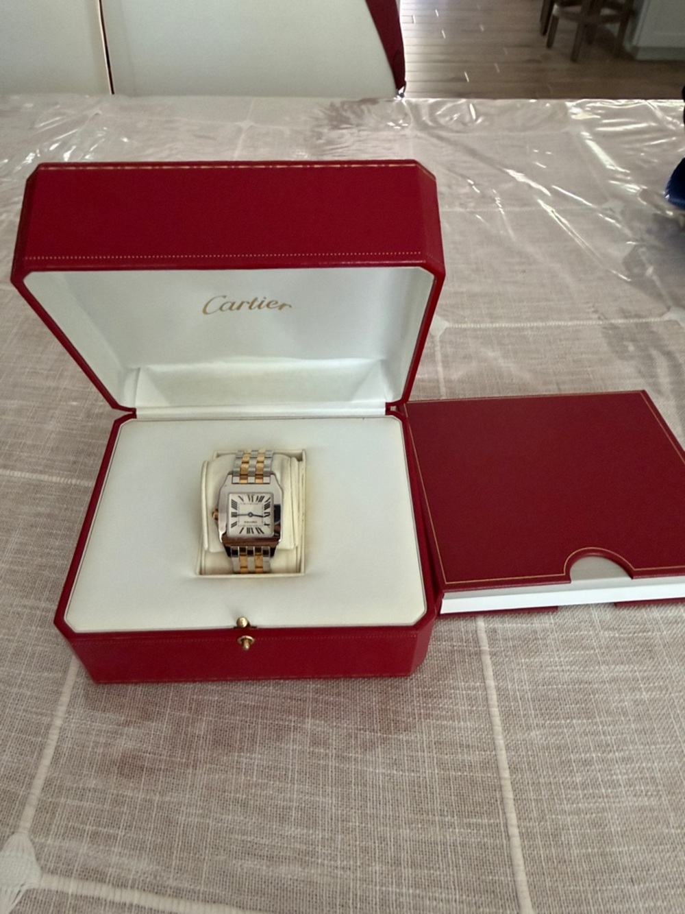 Cartier Two-Tone Gold and Silver Tank Watch with Red Box